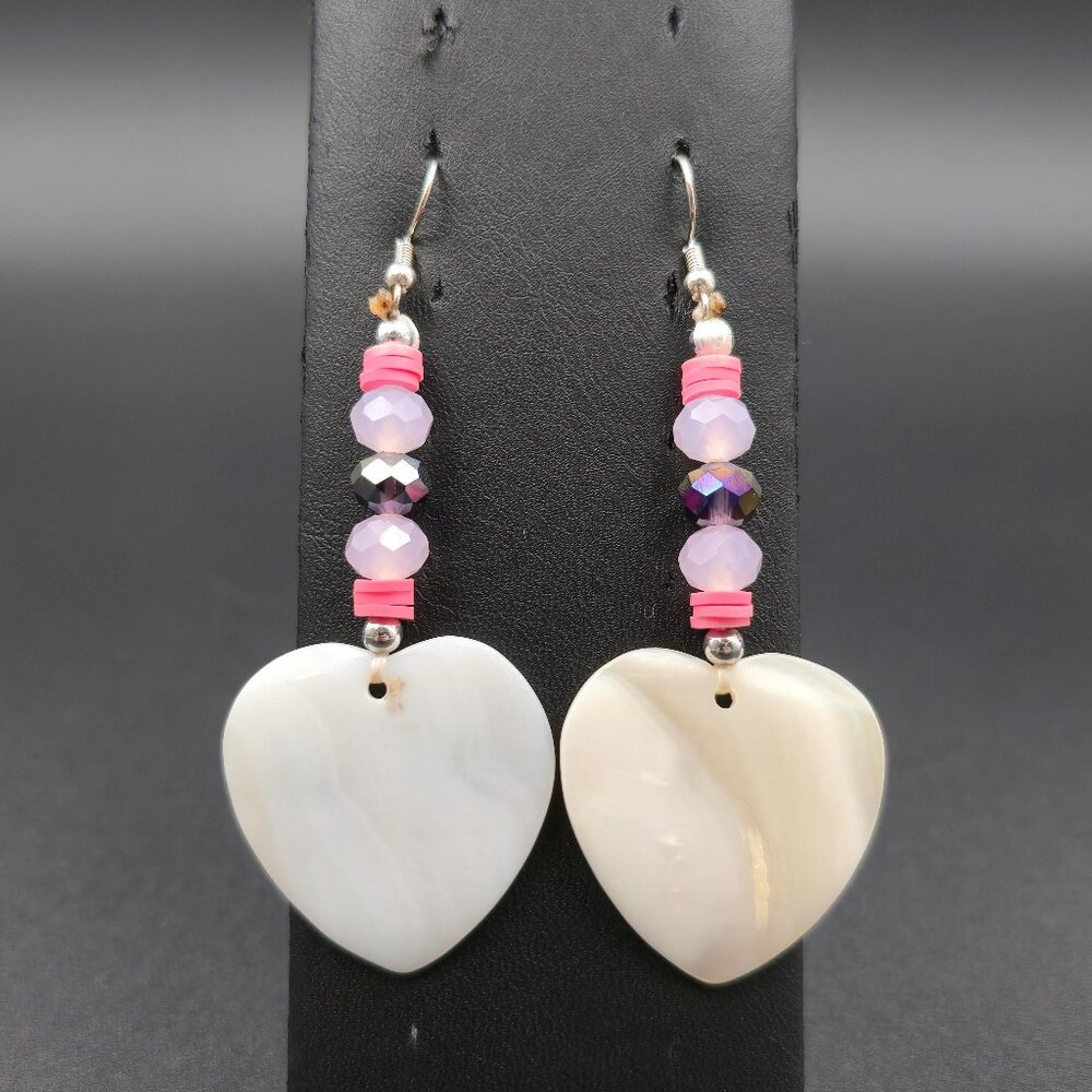 Silver Plated Large Heart Shell Beaded Dangle Earrings B927